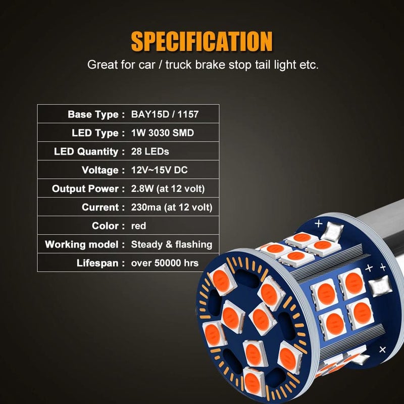 EBAIFUN Flashing 12V BAY15D 1157 LED Strobe Brake Light Brilliant Red Stop Tail Parking 2057 7528 1154 3496 2057A 1157A Dual Filament Base Replacement Bulb for Car Truck Motorcycle and Trailer 2-Pack - Image 3